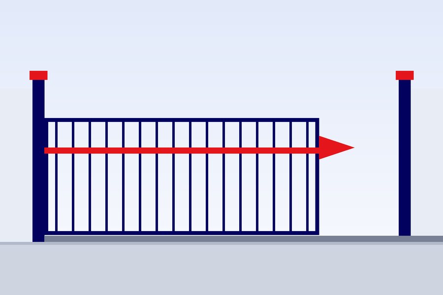 Automatic sliding gate closed across a villa driveway with an intercom post beside it