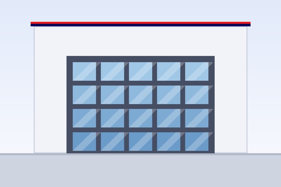 Glazed panoramic garage door with a slim aluminium frame on a modern building