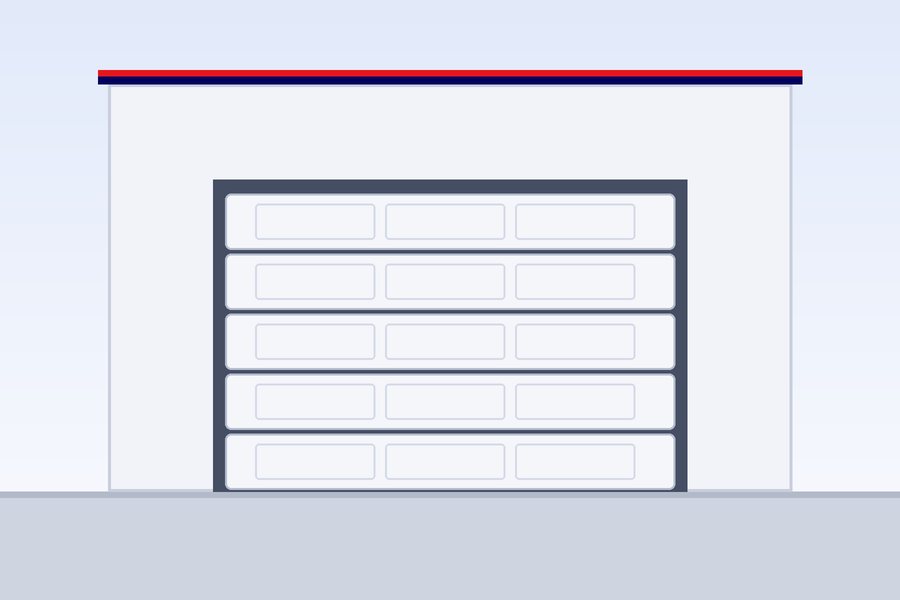 Closed insulated sectional garage door with horizontal panels on a villa facade