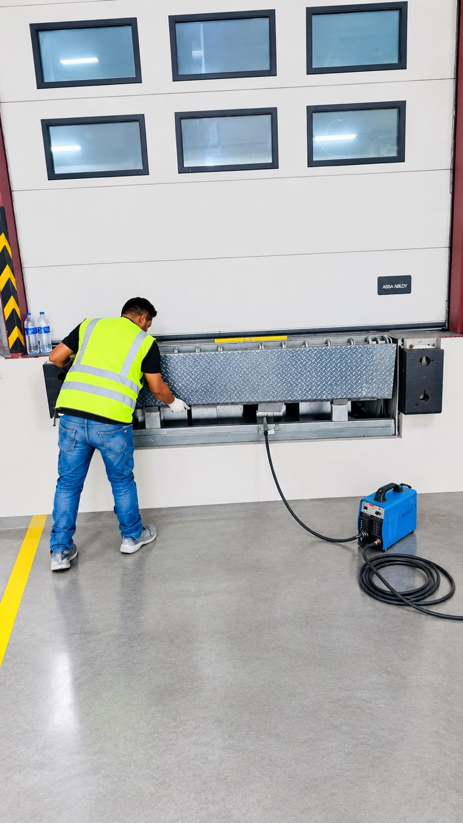 Technician servicing a dock leveler at a loading bay in Al Quoz, Dubai