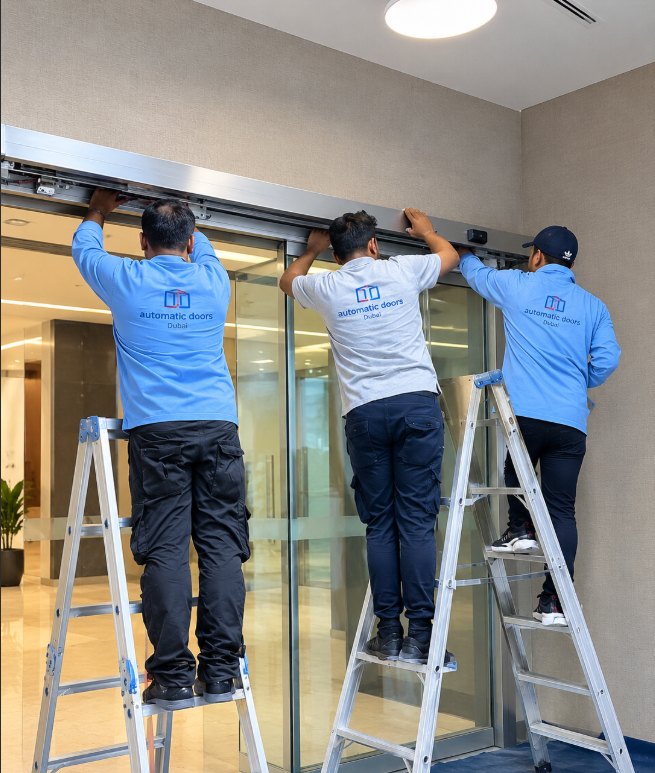 Technicians installing an automatic sliding glass door operator at a building entrance in Nad Al Hamar, Dubai