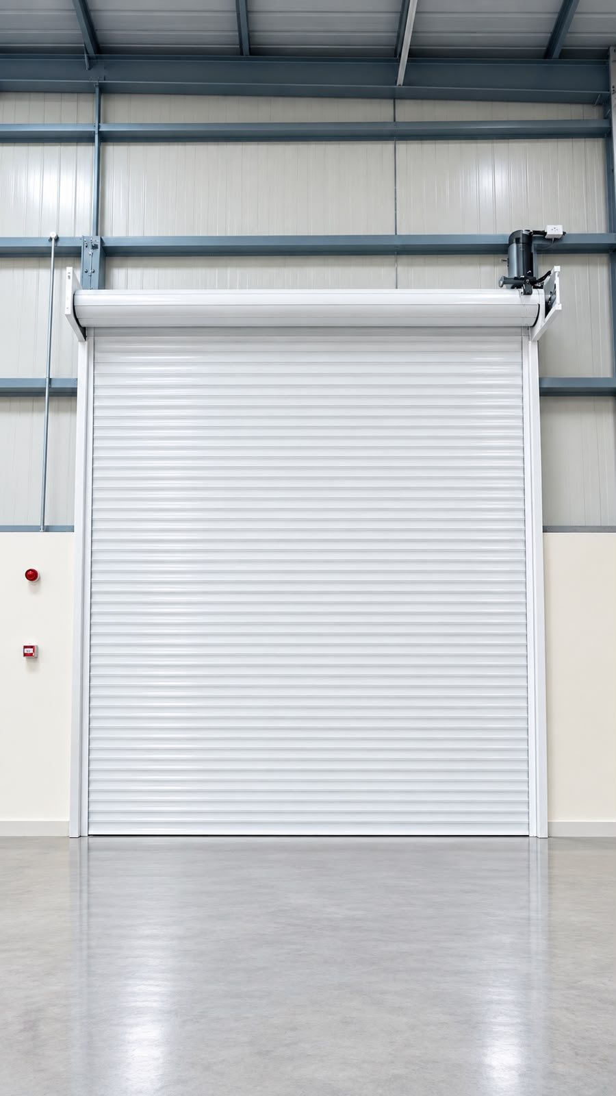 White double skin insulated rolling shutter with a side motor installed in a UAE warehouse
